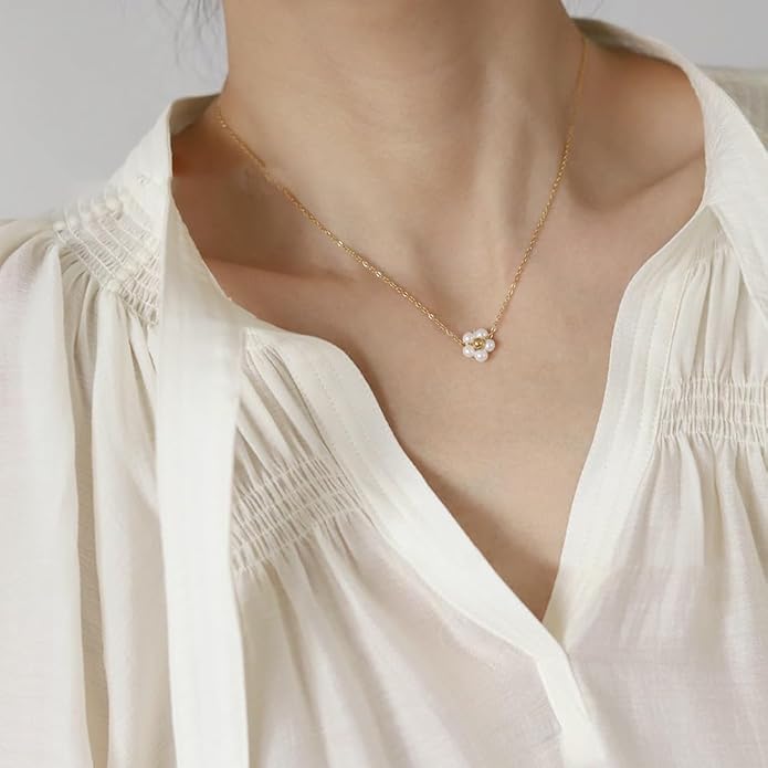 Pearl Daisy Flower Choker Necklace for Women Stainless Steel 18K Gold Plated Beaded Faux Pearls Adjustable Necklace Chain Elegant Jewelry Gifts - Image 5