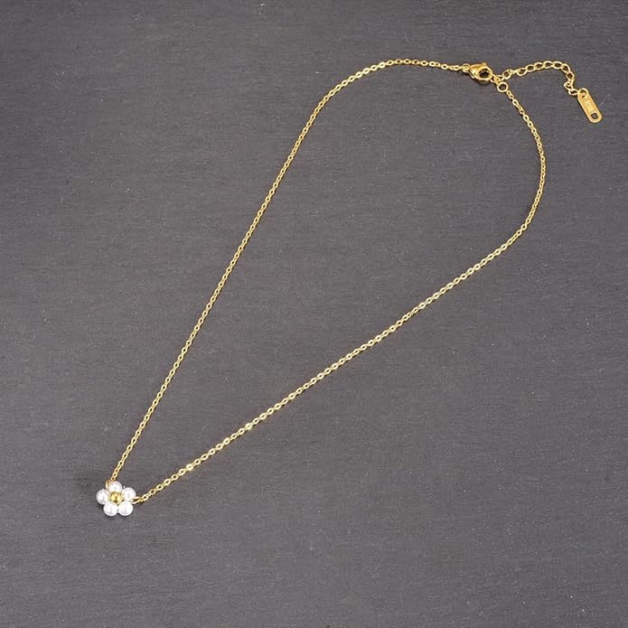 Pearl Daisy Flower Choker Necklace for Women Stainless Steel 18K Gold Plated Beaded Faux Pearls Adjustable Necklace Chain Elegant Jewelry Gifts - Image 3