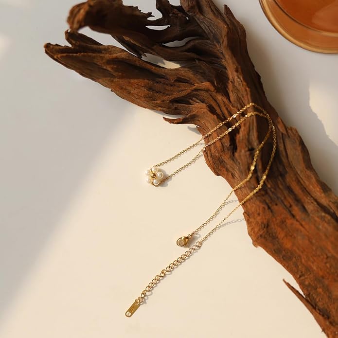 Pearl Daisy Flower Choker Necklace for Women Stainless Steel 18K Gold Plated Beaded Faux Pearls Adjustable Necklace Chain Elegant Jewelry Gifts - Image 2