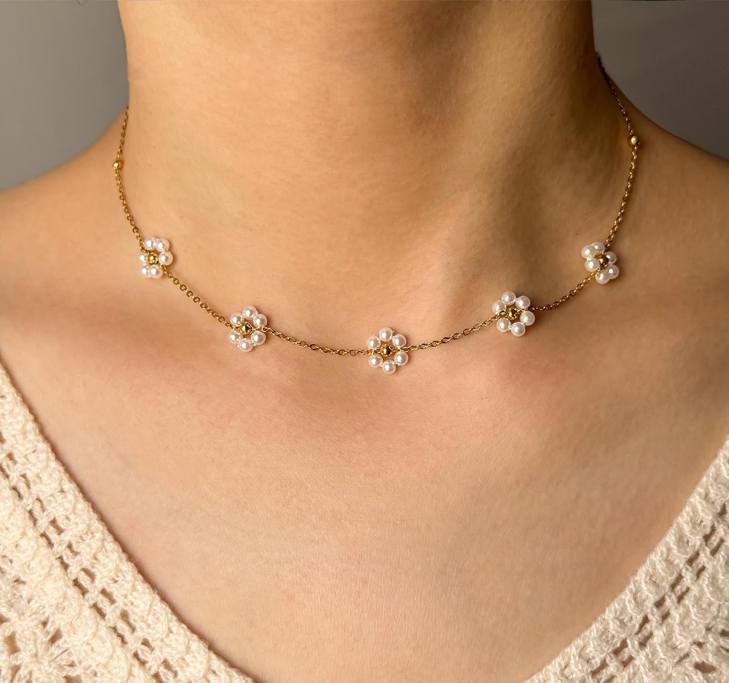 Daisy Flower Pearl Necklace, Dainty Gold Plated Pearl Choker Necklace for Women Trendy Necklaces as Summer Jewelry Bride Necklace Wedding Jewelry Gifts - Image 2