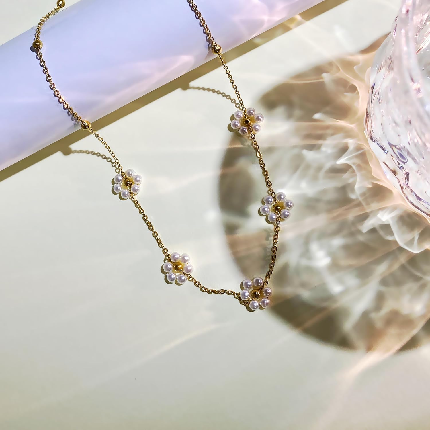 Daisy Flower Pearl Necklace, Dainty Gold Plated Pearl Choker Necklace for Women Trendy Necklaces as Summer Jewelry Bride Necklace Wedding Jewelry Gifts - Image 5