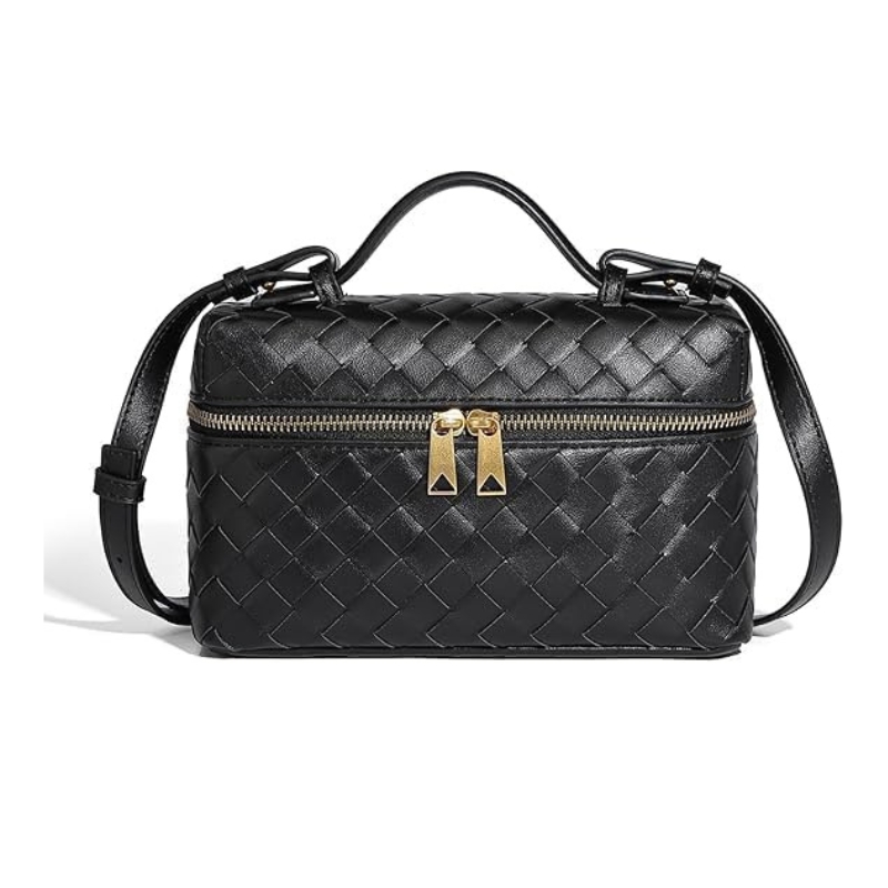 Trendy Woven Crossbody Purse Square Box Hobo Bags Women Shoulder Bag Cute Satchels PU Leather Top-Handle Tote Handbag, Black