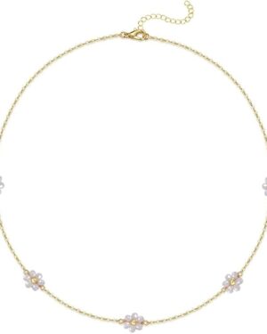 Daisy Flower Choker Necklace 14K Gold Plated Beaded Pearl Choker for Women Jewelry Gifts