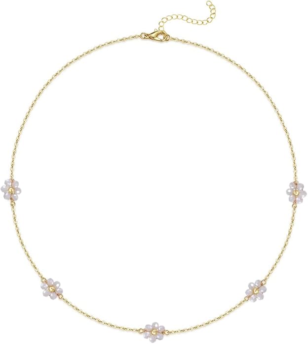 Daisy Flower Choker Necklace 14K Gold Plated Beaded Pearl Choker for Women Jewelry Gifts