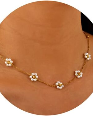 Dainty Pearl Necklace for Women,14K Gold Plated Pearl Choker Daisy Pearl Necklaces Simple White Pearl Necklace for Wedding Prom Bridal Jewelry Gift