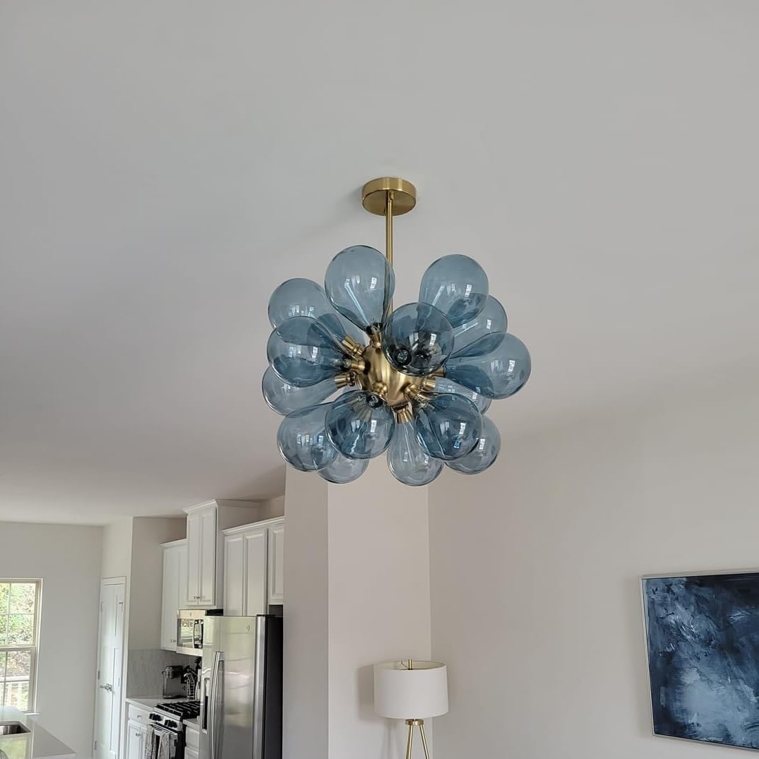 Blue Glass Globe Chandelier Mid-Century Modern Semi Flush Mount Ceiling Light Bubble Ball Light Fixture Gold Sputnik Pendant Light for Dining Room Bedroom - Image 3