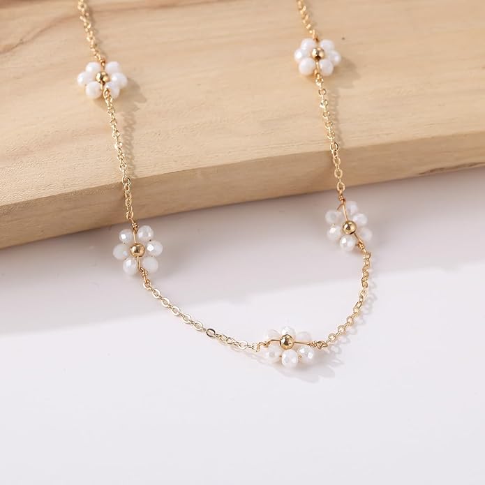 Daisy Flower Choker Necklace 14K Gold Plated Beaded Pearl Choker for Women Jewelry Gifts - Image 3