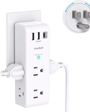 Surge Protector Outlet Extender with Rotating Plug - One Beat 6 AC Multi Plug Outlet with 3 USB Ports (1 USB C), 1800J Wall Charger, 3-Sided Power Strip Spaced Outlet Splitter for Home Office Travel