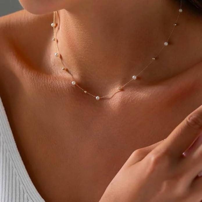 Gold Pearl Necklaces for Women: Dainty Pearl Pendant Necklace Simple 18K Gold Plated Pearl Choker Necklaces Trendy Pearl Jewelry for Women - Image 3