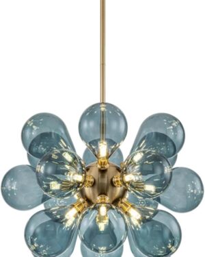 Blue Glass Globe Chandelier Mid-Century Modern Semi Flush Mount Ceiling Light Bubble Ball Light Fixture Gold Sputnik Pendant Light for Dining Room Bedroom