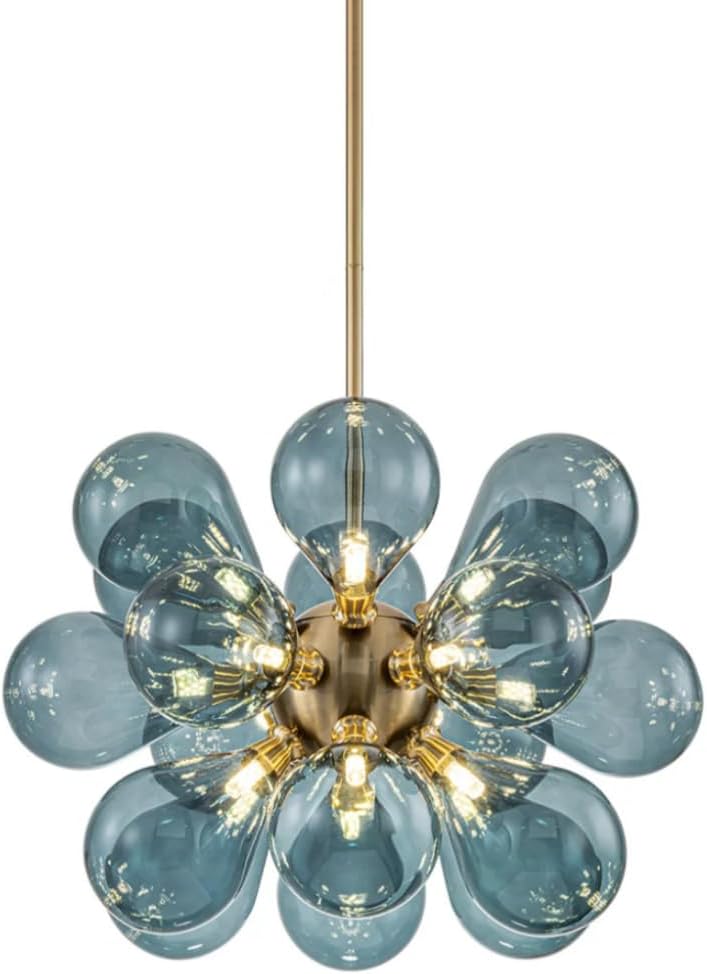Blue Glass Globe Chandelier Mid-Century Modern Semi Flush Mount Ceiling Light Bubble Ball Light Fixture Gold Sputnik Pendant Light for Dining Room Bedroom