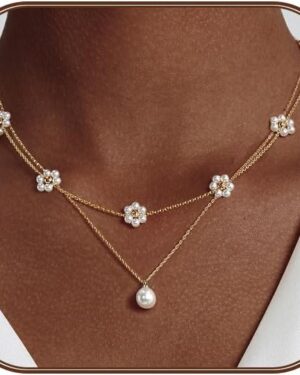 OGD Gold Pearl Necklaces Set for Women 14K Gold Plated Dainty Layered Pearl Cute Daisy Pearl Choker Gold Necklace Gifts for Women Gold Trendy Jewelry Gifts