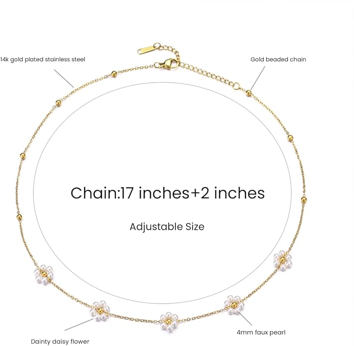 Dainty Pearl Necklace for Women,14K Gold Plated Pearl Choker Daisy Pearl Necklaces Simple White Pearl Necklace for Wedding Prom Bridal Jewelry Gift - Image 6