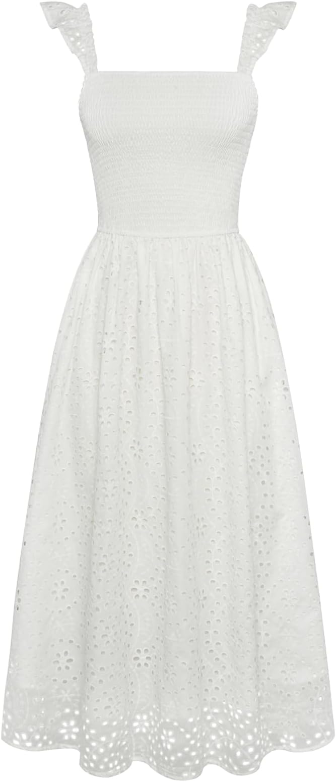 GRACE KARIN Women's 2025 Summer Ruffle Sleeve Midi Dress Square Neck Hollow Out Eyelet Smocked Beach Long Dress with Pockets