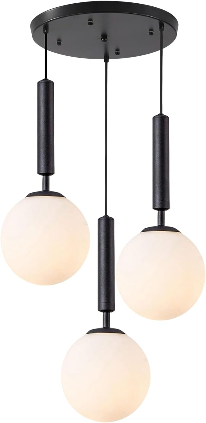 KCO Lighting 3 Light Globe Cluster Pendant Light Modern Large Milk Glass Chandelier Mid Century Black Cluster Chandelier Pendant Lighting Vintage Multi Light Hanging Ceiling Fixture