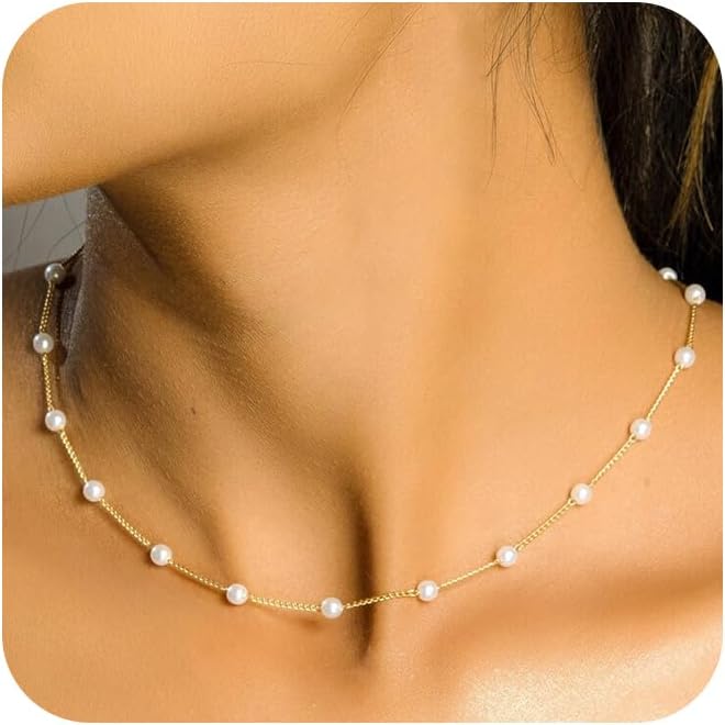 Pearl Necklaces for Women,18K Gold Plated Dainty Single Pearl Pendant Necklace Simple Pearl Choker Necklaces for Women Handmade Pearl Jewelry Bridesmaid Gifts