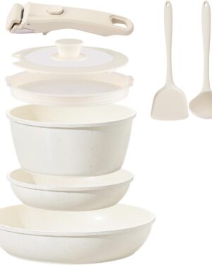 Ceramic Cookware Set Non Stick 8Pcs Pots and Pans Set Detachable Handle Induction Kitchen Cooking Set with Frying Pans Oven Dishwasher Safe, PFAS/PFOA Free, Cream White