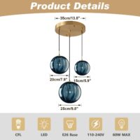 KCO Lighting Mid Century Modern 3-Lights Globe Pendant Light Fixture Brass Gold Cluster Pendant Light Kitchen Island Multi Light Pendant Lighting Ceiling Hanging Blue Glass Hanging Light - Image 5