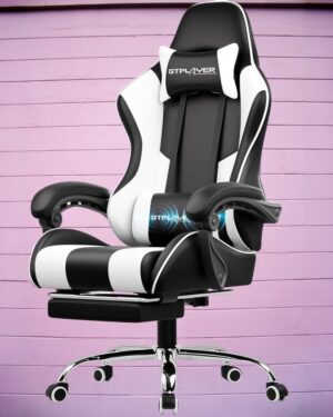 GTPLAYER Gaming Chair, Computer Chair with Footrest and Lumbar Support, Height Adjustable Game Chair with 360°-Swivel Seat and Headrest and for Office or Gaming (Pearl White)