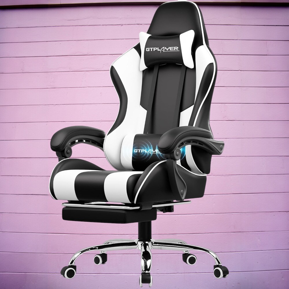 GTPLAYER Gaming Chair, Computer Chair with Footrest and Lumbar Support, Height Adjustable Game Chair with 360°-Swivel Seat and Headrest and for Office or Gaming (Pearl White)