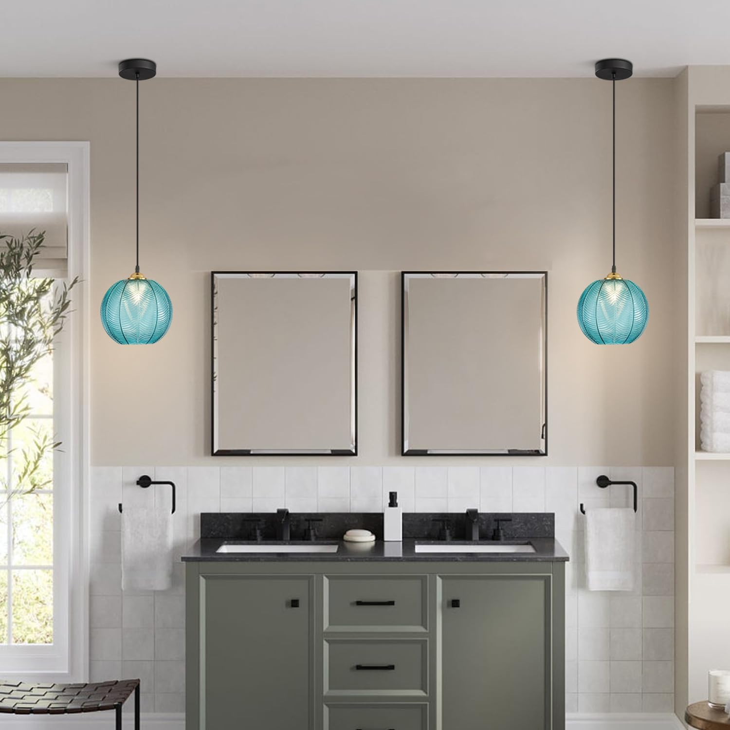 KCO Lighting Nordic Blue Glass Pendant Light Vintage Ribbed Glass Pendant Light Modern Large Globe Chandelier Mid Century Black Kitchen Island Pendant Lighting Over Island 2 Pack - Image 3