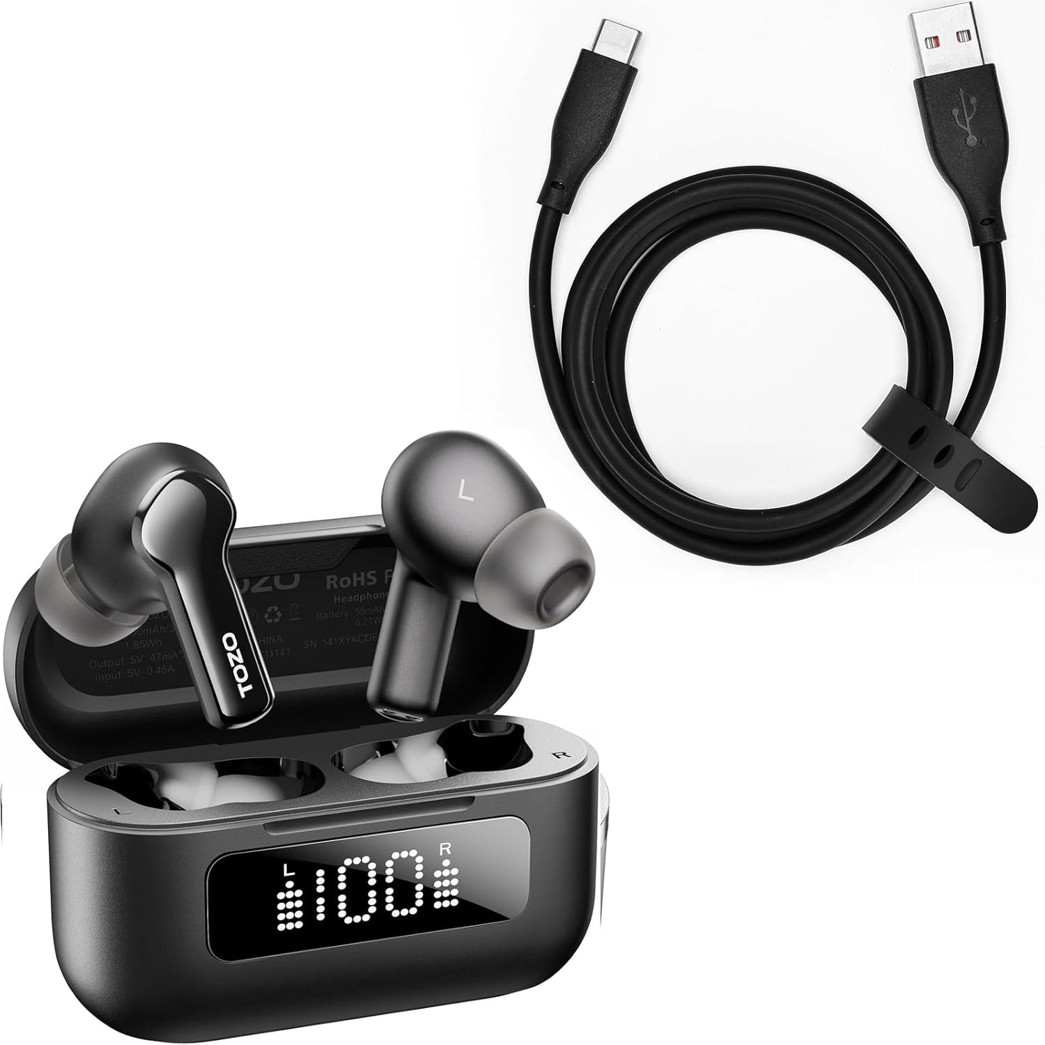 TOZO Hybrid Active Noise Cancelling Wireless Earbuds, USB-C to USB-A Charging Cable HT2 T6 T10 A1 T12 A3 A2 OpenEgo OpenBuds NC2 NC7 NC9 Earbuds,