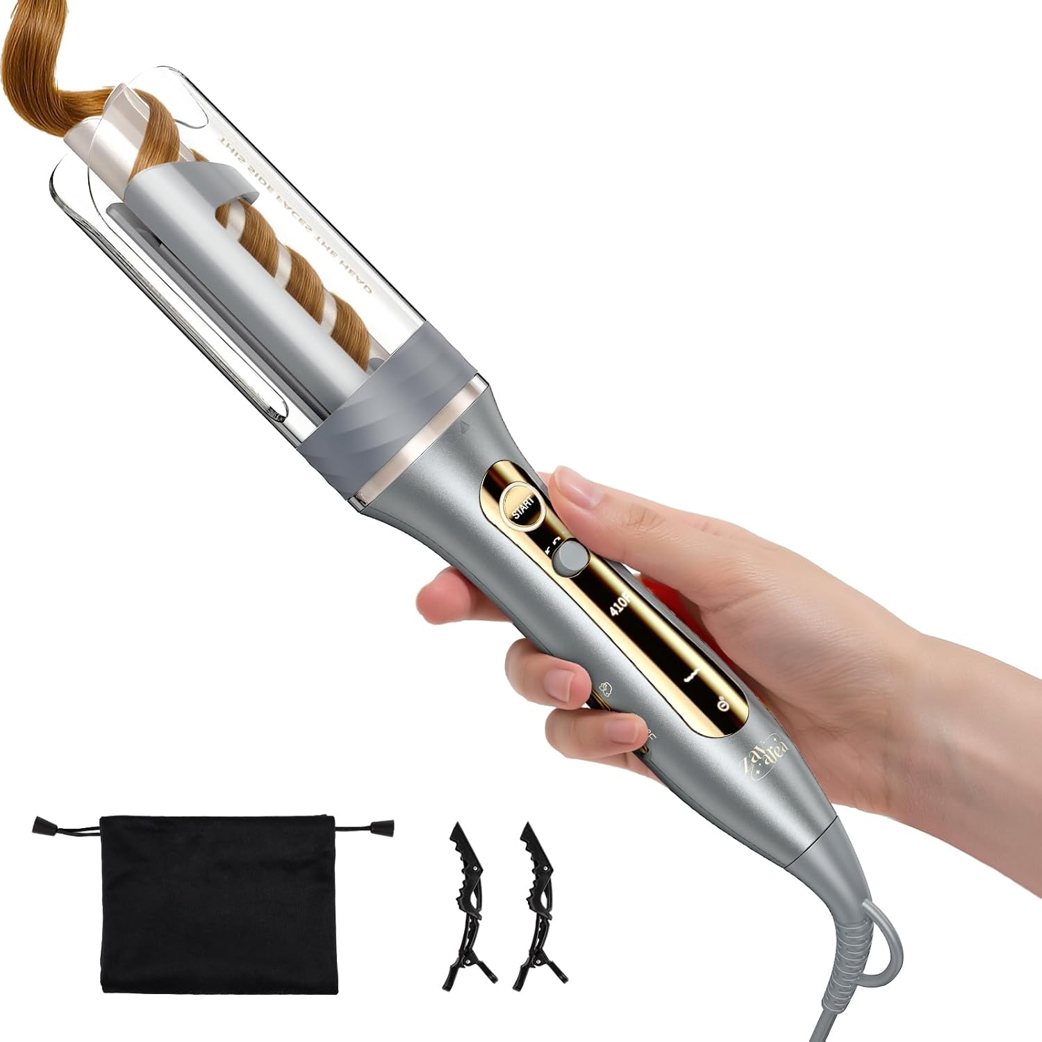 Zavarea Automatic Curling Iron, 1 Inch Hair Curler with 5 Temperatures, 3-Ways Rotation & 3-Styling Modes, Anti-Scald & Tangle-Free Self Rotating Curling Wand (Silver Gold)
