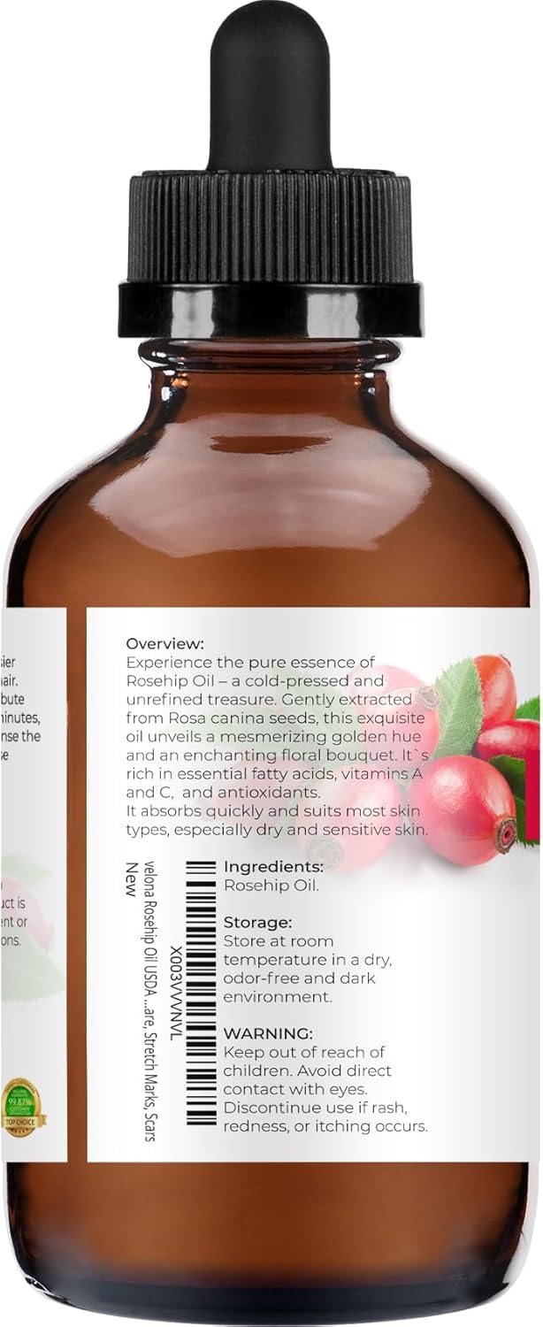 velona Rosehip Oil - 4 Fl Oz | 100% Pure and Natural Carrier Oil| Unrefined, Cold Pressed, Hexane Free | Moisturizing Face, Hair, Body, Skin Care, Stretch Marks, Scars… - Image 5