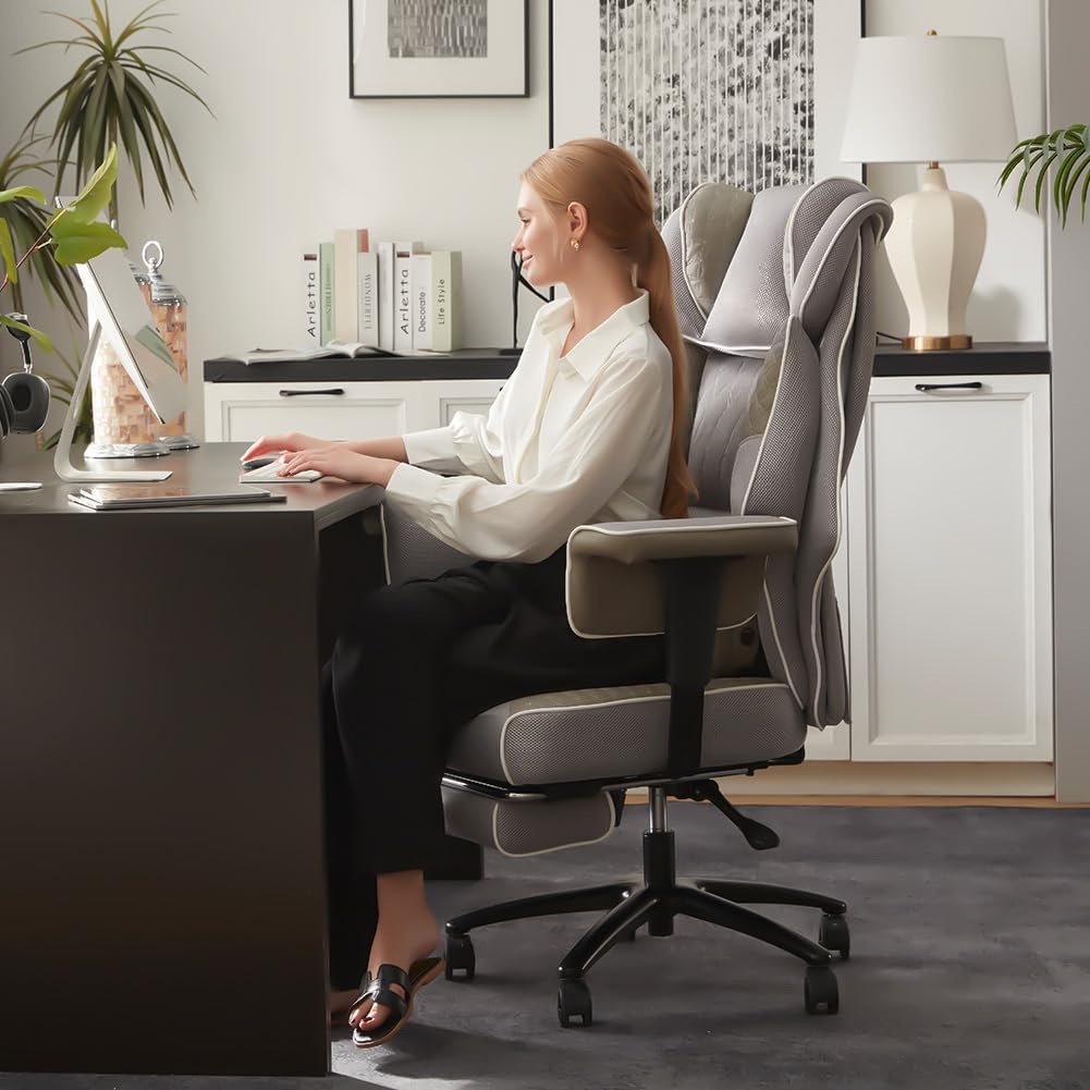 Dowinx Big and Tall Office Chair with Massage Lumbar Support,Executive Office Chair with Wide Thick Seat Cushion and Adjustable Armrest,Mesh Computer Gaming Chairs with Footrest (Grey)