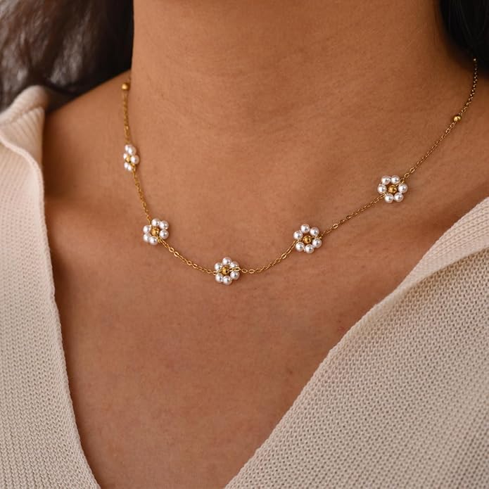 Dainty Pearl Necklace for Women,14K Gold Plated Pearl Choker Daisy Pearl Necklaces Simple White Pearl Necklace for Wedding Prom Bridal Jewelry Gift - Image 3