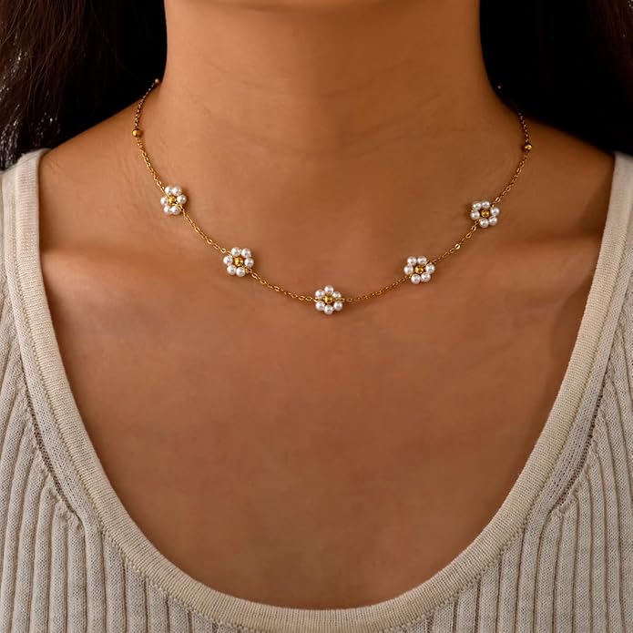 Dainty Pearl Necklace for Women,14K Gold Plated Pearl Choker Daisy Pearl Necklaces Simple White Pearl Necklace for Wedding Prom Bridal Jewelry Gift - Image 2