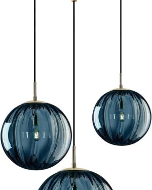 KCO Lighting Mid Century Modern 3-Lights Globe Pendant Light Fixture Brass Gold Cluster Pendant Light Kitchen Island Multi Light Pendant Lighting Ceiling Hanging Blue Glass Hanging Light