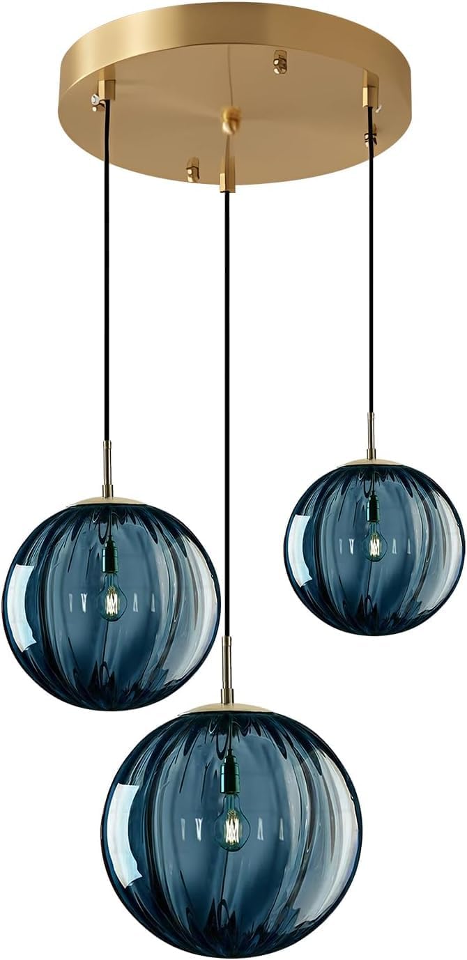 KCO Lighting Mid Century Modern 3-Lights Globe Pendant Light Fixture Brass Gold Cluster Pendant Light Kitchen Island Multi Light Pendant Lighting Ceiling Hanging Blue Glass Hanging Light