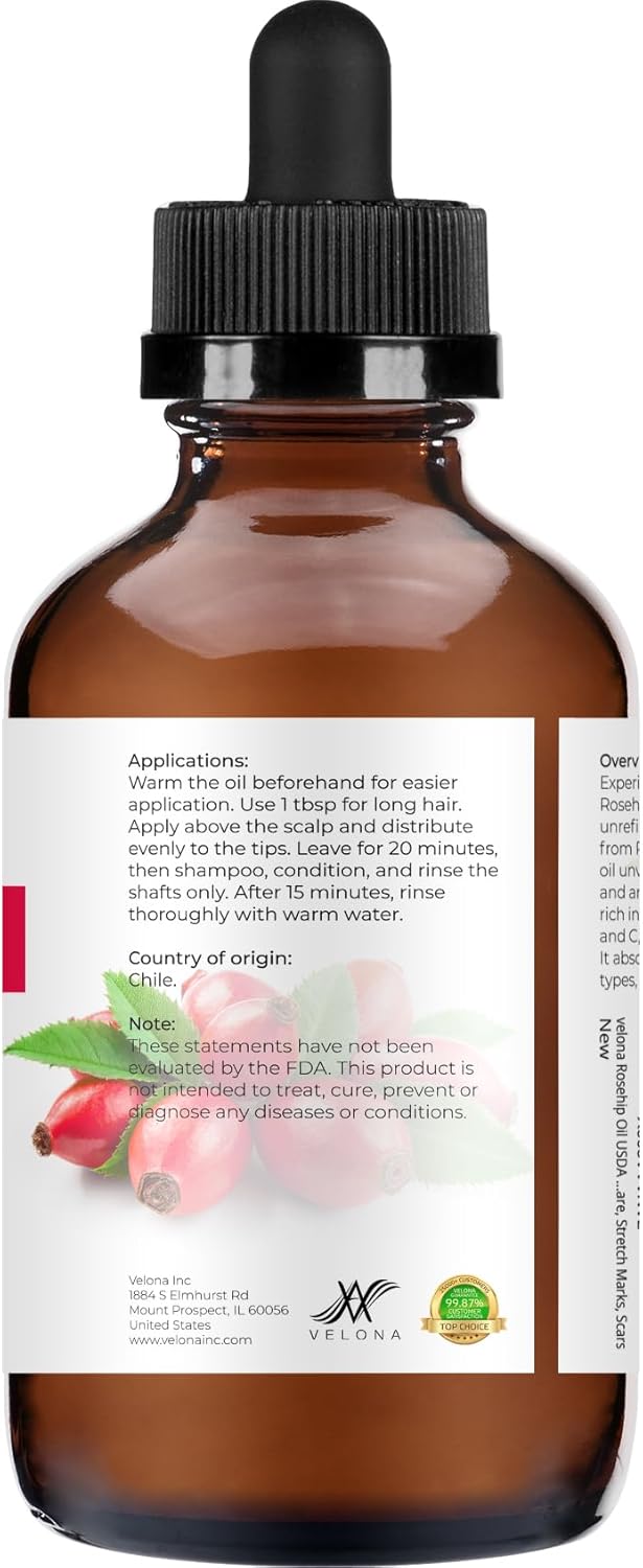 velona Rosehip Oil - 4 Fl Oz | 100% Pure and Natural Carrier Oil| Unrefined, Cold Pressed, Hexane Free | Moisturizing Face, Hair, Body, Skin Care, Stretch Marks, Scars… - Image 4