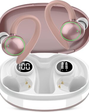 Wireless Earbuds, Bluetooth 5.3 Headphones Sport, Over Ear Buds With ENC Noise Cancelling Mic, 48H, Wireless Earphone With Earhooks, Deep Bass, IP7 Waterproof Headset for Workout Running, Rose Gold