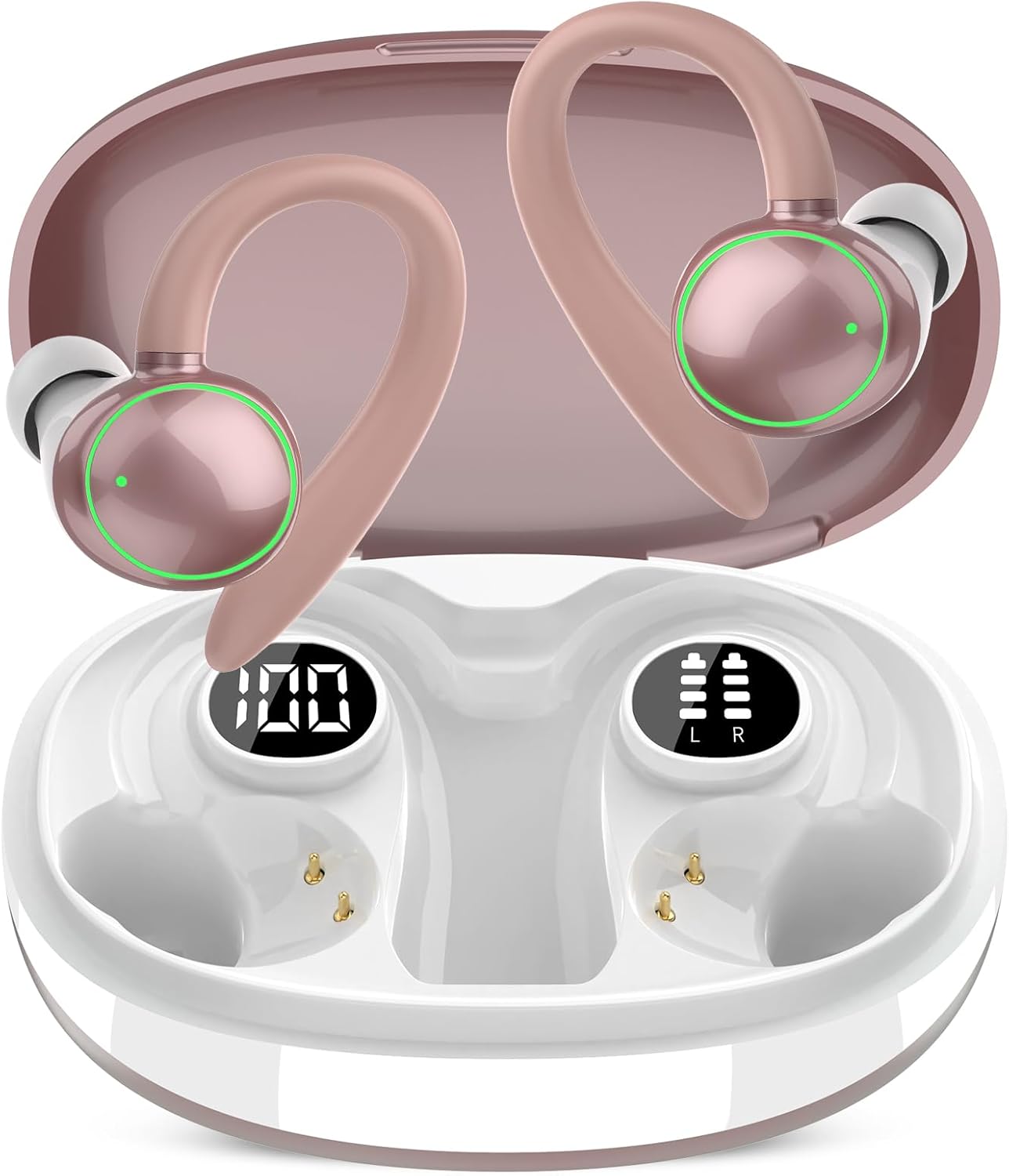 Wireless Earbuds, Bluetooth 5.3 Headphones Sport, Over Ear Buds With ENC Noise Cancelling Mic, 48H, Wireless Earphone With Earhooks, Deep Bass, IP7 Waterproof Headset for Workout Running, Rose Gold