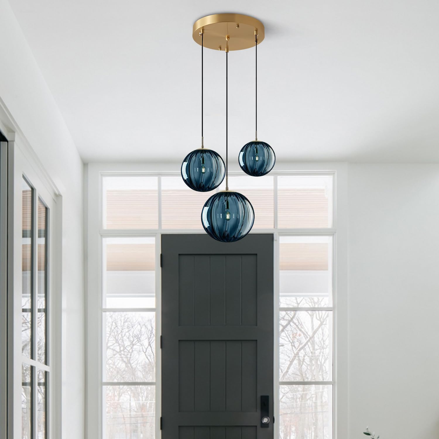 KCO Lighting Mid Century Modern 3-Lights Globe Pendant Light Fixture Brass Gold Cluster Pendant Light Kitchen Island Multi Light Pendant Lighting Ceiling Hanging Blue Glass Hanging Light - Image 3