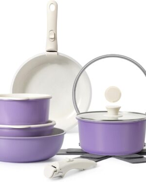 15Pcs Pots and Pans Set Non Stick, Cookware Sets with Detachable Handle, Nonstick RV Kitchen Cooking Tools Removable Handles, Oven Safe, Induction Fast, Stackable Induction Cookware, Purple