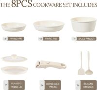 Ceramic Cookware Set Non Stick 8Pcs Pots and Pans Set Detachable Handle Induction Kitchen Cooking Set with Frying Pans Oven Dishwasher Safe, PFAS/PFOA Free, Cream White - Image 8