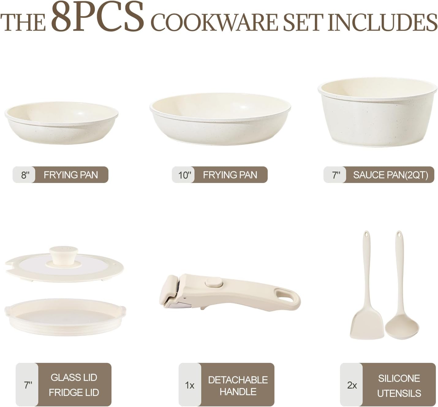 Ceramic Cookware Set Non Stick 8Pcs Pots and Pans Set Detachable Handle Induction Kitchen Cooking Set with Frying Pans Oven Dishwasher Safe, PFAS/PFOA Free, Cream White - Image 8