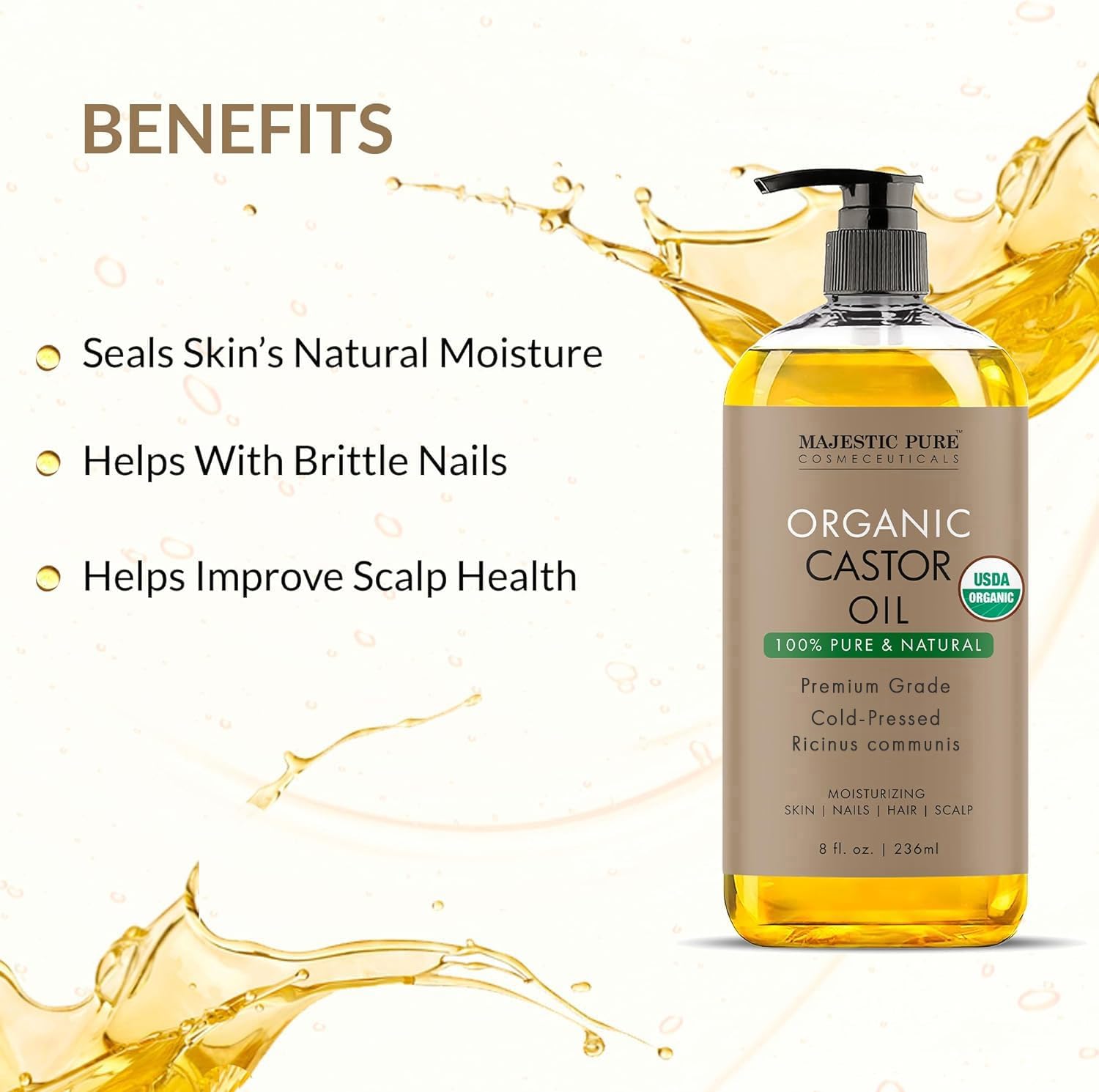 Majestic Pure USDA Organic Castor Oil - 100% Pure & Natural - Premium Grade, Cold Pressed, Hexane Free - Hair, Eyelashes, Eyebrows, Nails - Moisturizing & Nourishing - 8 Fl Oz - Image 6