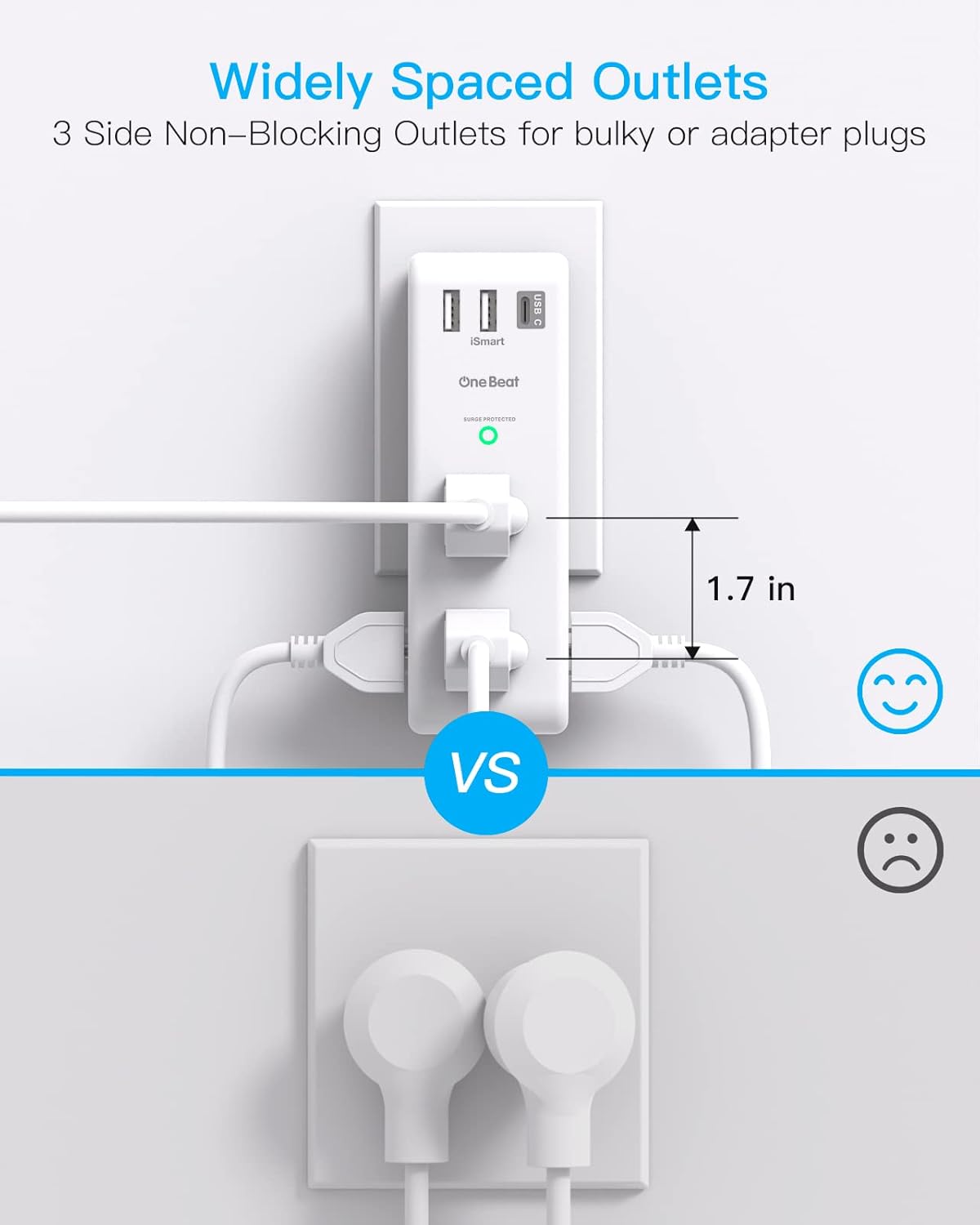 Surge Protector Outlet Extender with Rotating Plug - One Beat 6 AC Multi Plug Outlet with 3 USB Ports (1 USB C), 1800J Wall Charger, 3-Sided Power Strip Spaced Outlet Splitter for Home Office Travel - Image 3