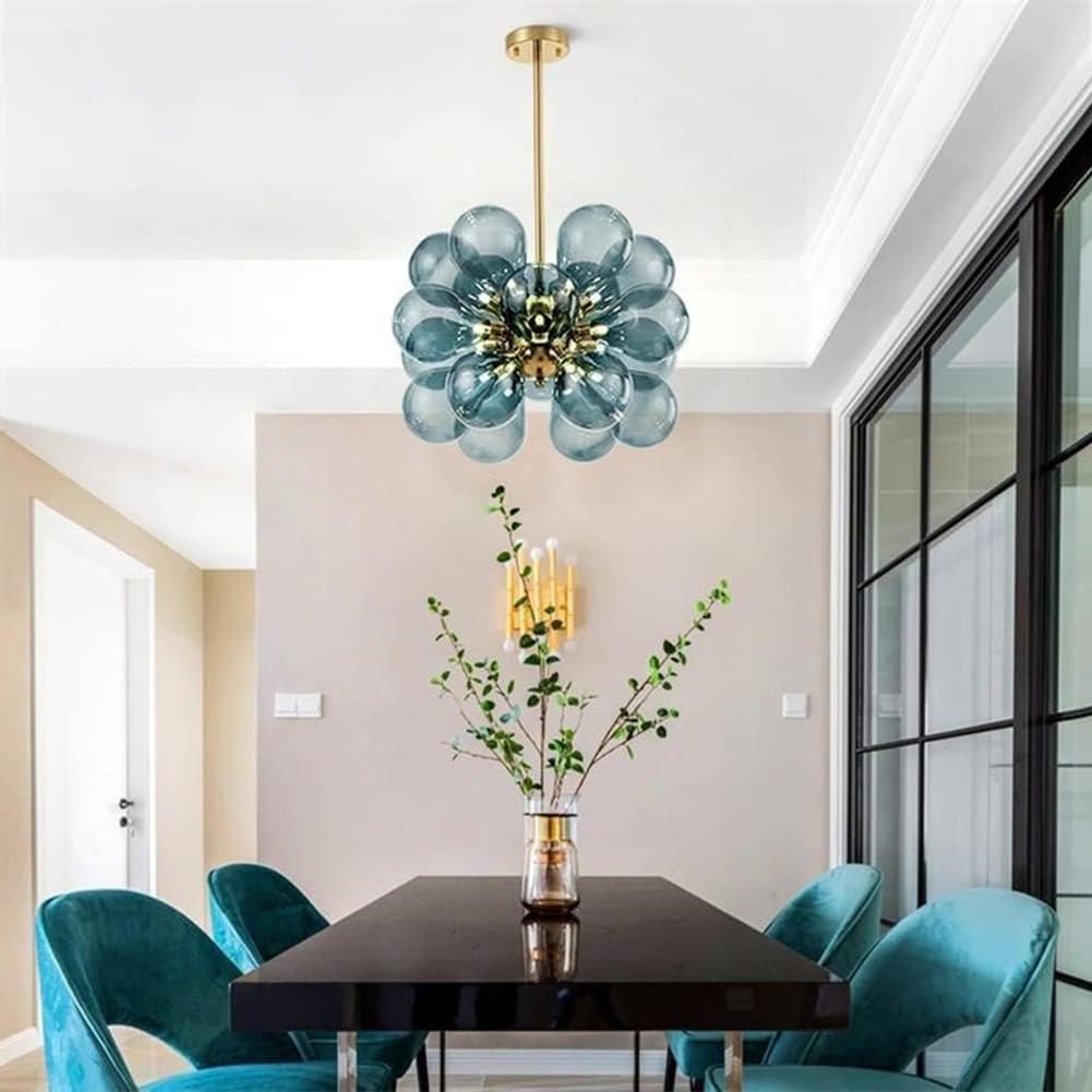 Blue Glass Globe Chandelier Mid-Century Modern Semi Flush Mount Ceiling Light Bubble Ball Light Fixture Gold Sputnik Pendant Light for Dining Room Bedroom - Image 5