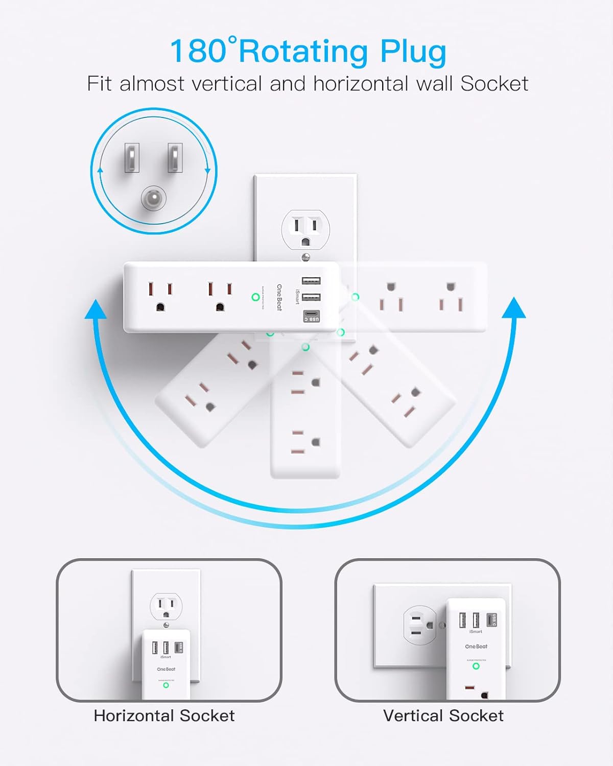Surge Protector Outlet Extender with Rotating Plug - One Beat 6 AC Multi Plug Outlet with 3 USB Ports (1 USB C), 1800J Wall Charger, 3-Sided Power Strip Spaced Outlet Splitter for Home Office Travel - Image 7
