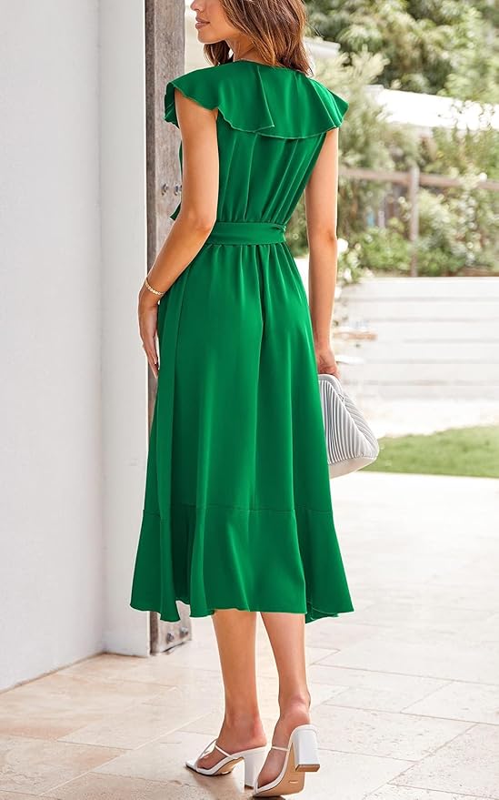 PRETTYGARDEN Women's 2025 Summer Cross Midi Dress Casual Boho Deep V Neck Short Sleeve Ruffle Hem Split Beach Long Dresses - Image 4