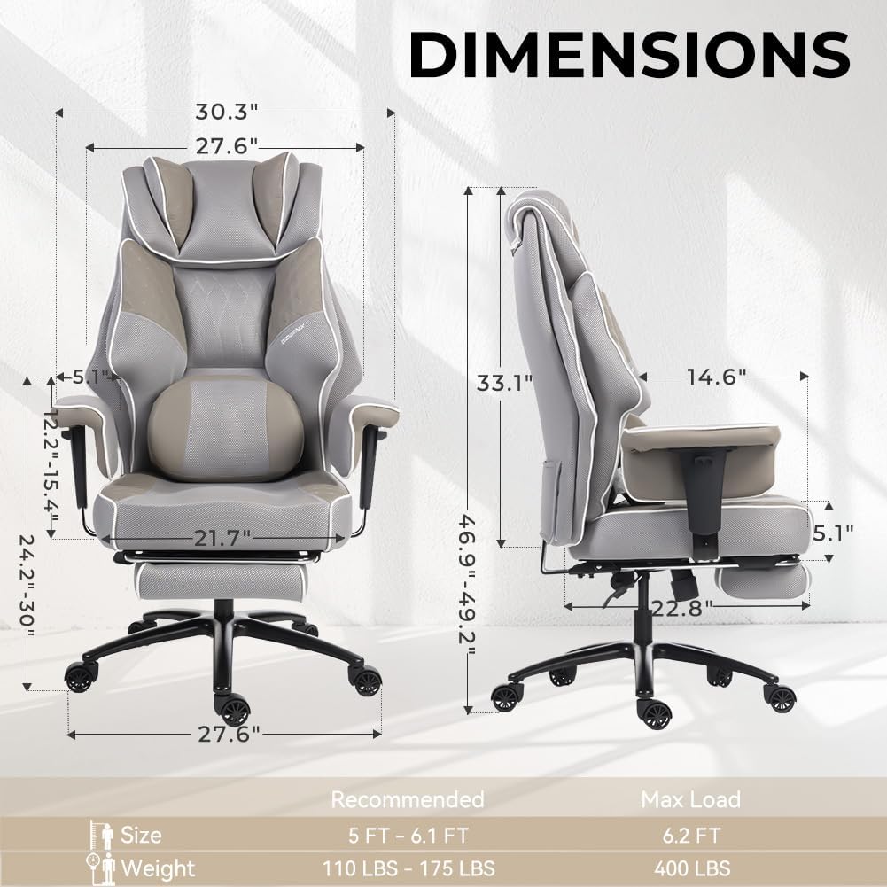 Dowinx Big and Tall Office Chair with Massage Lumbar Support,Executive Office Chair with Wide Thick Seat Cushion and Adjustable Armrest,Mesh Computer Gaming Chairs with Footrest (Grey) - Image 2