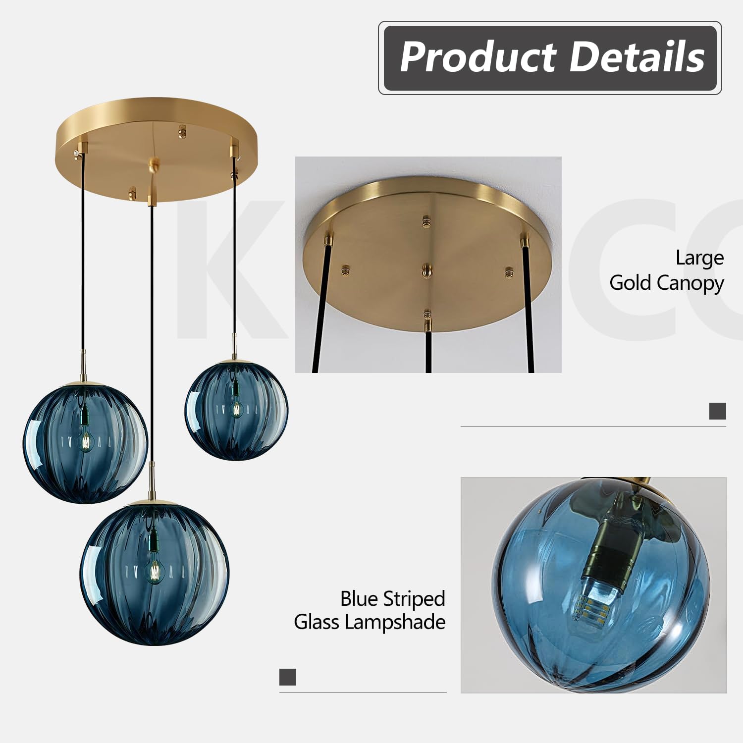 KCO Lighting Mid Century Modern 3-Lights Globe Pendant Light Fixture Brass Gold Cluster Pendant Light Kitchen Island Multi Light Pendant Lighting Ceiling Hanging Blue Glass Hanging Light - Image 6