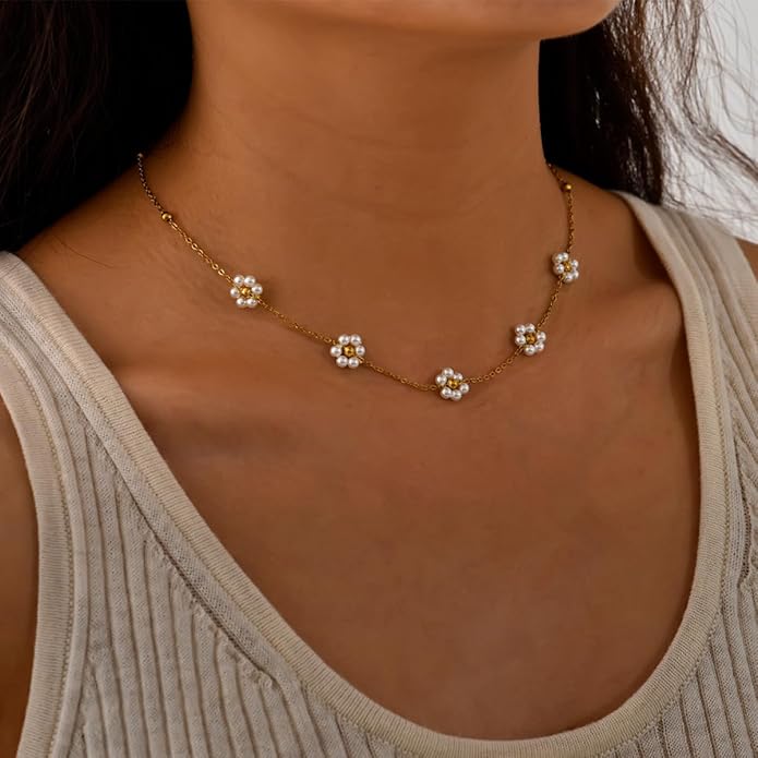 Dainty Pearl Necklace for Women,14K Gold Plated Pearl Choker Daisy Pearl Necklaces Simple White Pearl Necklace for Wedding Prom Bridal Jewelry Gift - Image 4