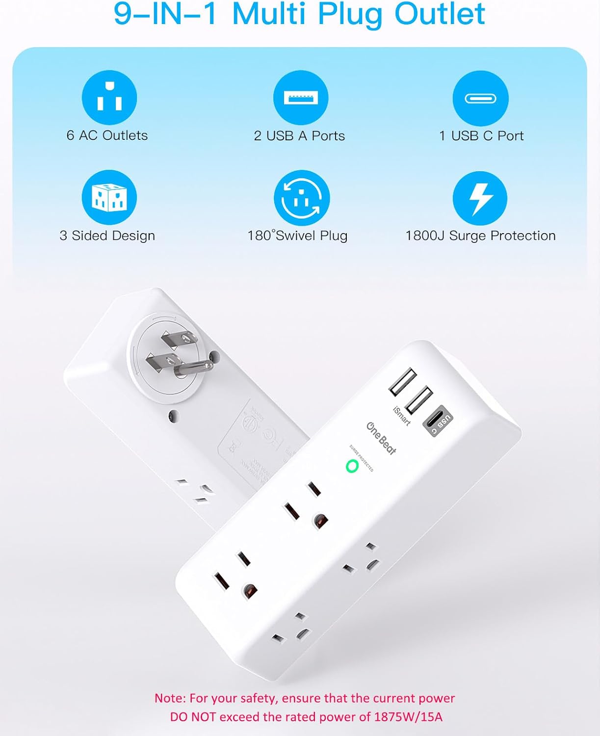 Surge Protector Outlet Extender with Rotating Plug - One Beat 6 AC Multi Plug Outlet with 3 USB Ports (1 USB C), 1800J Wall Charger, 3-Sided Power Strip Spaced Outlet Splitter for Home Office Travel - Image 6