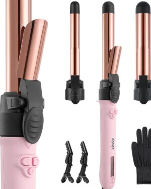 ABNER Rotating Curling Iron Set, Automatic Curling Wand for Long Hair, Easy to Use Hair Curler Get Effortless Beach Waves, 3 Sizes Ceramic Barrel 0.75" 1" 1.25" to 430°F with Home Button, Dual Voltage